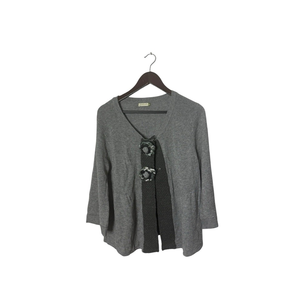 CHALET Womens Cardigan Sweater Wool Blend Flower Embellished 3/4‎ Sleeve Grey XL